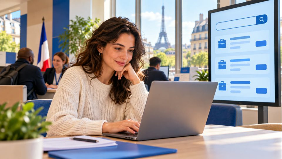 Людина шукає вакансії через France Travail на ноутбуці